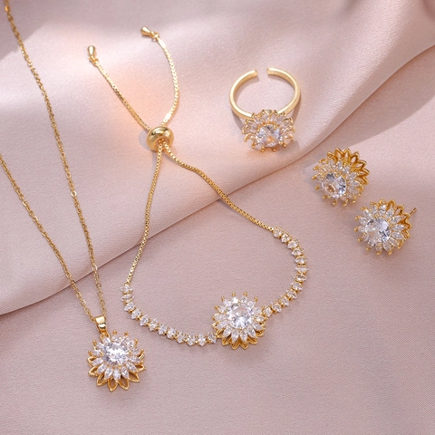 Rotating Sunflower Zirconia Titanium Steel Necklace Earrings Ring Bracelet For Women Fashion Jewelry Gold Plated Accessory