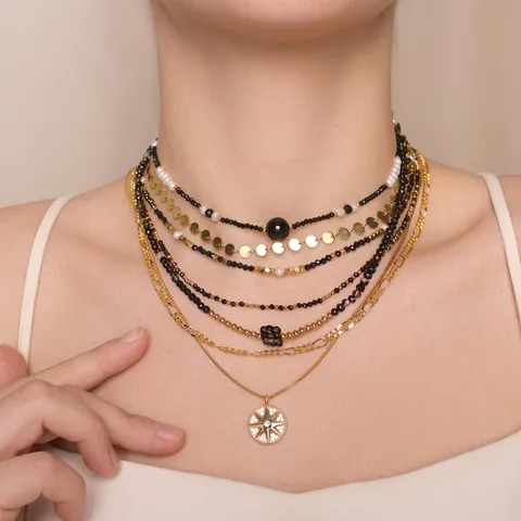 Collier Superposé Vintage Français en Pierre Naturelle pour Femmes Spinelle Noire Agate Noire Perle d'Eau Douce Pendentif Étoile Plaqués Or Bijoux