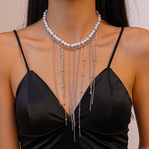 Elegante Collana Doppio Strato Con Perla Artificial Di Imitazione E Catena In Metallo Frangia Lunga Con Nappine Per Gioielli Da Festa Da Donna