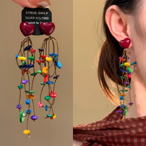 Bohemian Colorful Tassel Drop Earrings Acrylic Heart With 925 Sterling Silver Earring Post Vacation Vintage For Women