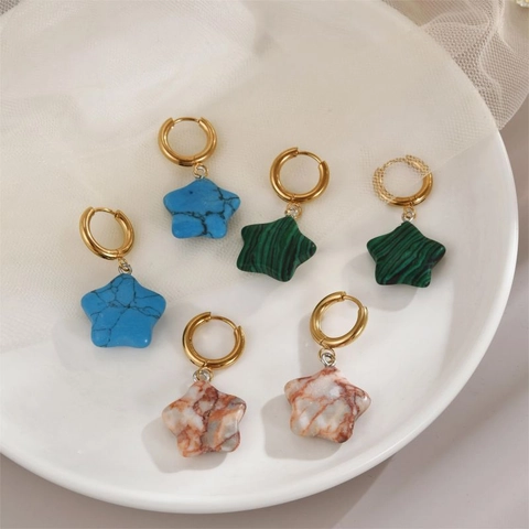 Copper Star Stone Pendant Hoop Earrings French Vintage Necklace Star-shaped Artificial Stone Jewelry For Women Daily Dating Gift