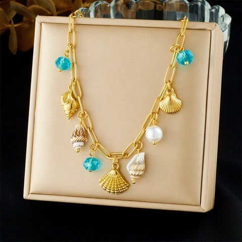 Collana Con Pendente A Conchiglia E Perla Artificial Tema Oceano Acciaio Inossidabile Placcato Oro Gioielli Mare Donna