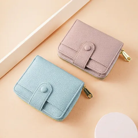 Women Litchi Texture PU Leather Wallet Small Card Holder Zipper Coin Pocket Elegant Solid Color Fashion Money Clip Girls