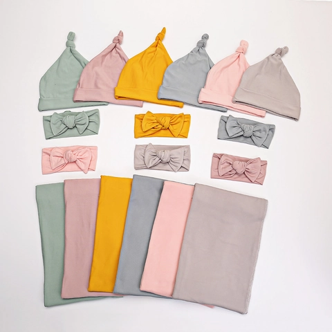 Newborn Swaddle Blanket Knot Hat And Bow Headband Soft Stretchy Knit Solid Color Anti Startle Wrap For Infants