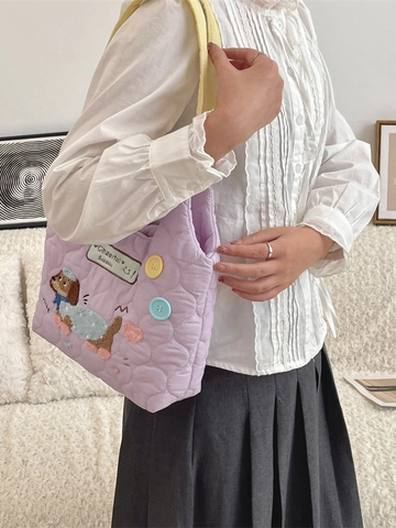 Quilted Tote Bag Cute Puppy Embroidery Contrast Color Large Capacity Shoulder Handbag Casual Style For Women