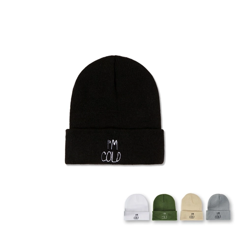 Unisex Knitted Beanie Hat Acrylic Warm Winter Cuff Cap With Embroidered I'M COLD Lettering Ribbed Soft