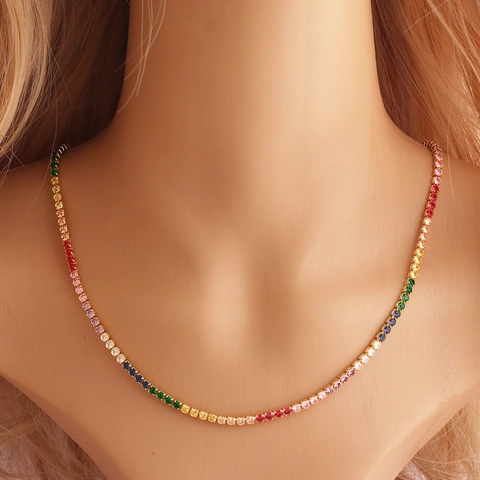 Rainbow Zircon Tennis Necklace 18K Gold Plated Brass Colorful Choker Jewelry For Women Elegant