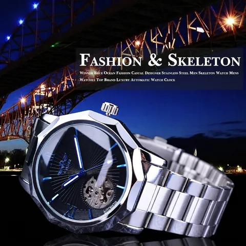 Men Automatic Mechanical Watch Skeleton Hollow Dial Luminous Hands Stainless Steel Case Geometric Fashion Wristwatch