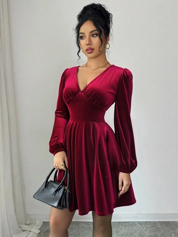 Burgundy Velvet Mini Dress Shimmer V Neck Long Lantern Sleeve A Line Pleated Elegant Party Slim Fit For Women