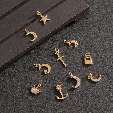 Pendenti Di Fascino DIY Rame Placcato Oro Zirconia Cubica Luna Stella Corona Croce Ancora Serratura Fai Da Te Gioielli