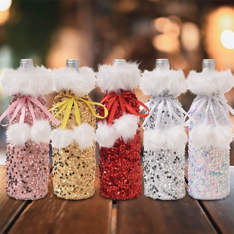 Christmas Wine Bottle Cover Sequin Fabric Faux Fur Ribbon Bow Festive Dining Table Decoration Ornament Party