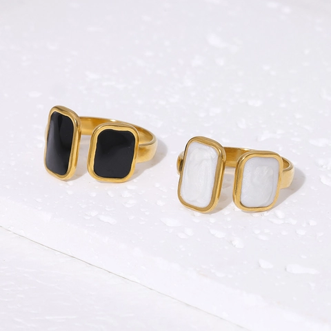 Geometrischer Rechteckiger Offener Ring Edelstahl 18K Vergoldet Verstellbar Emaille Modischer Schmuck Für Damen