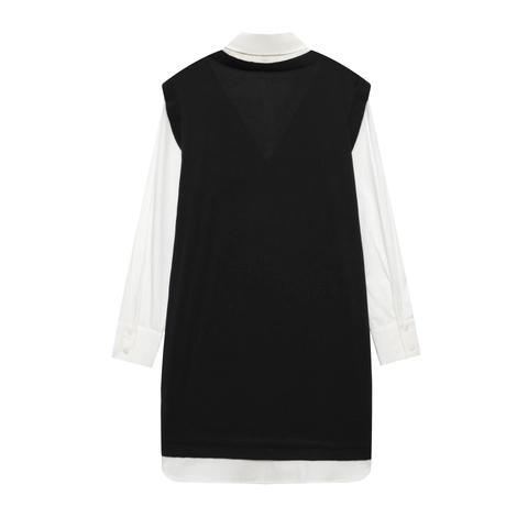 Dames Patchwork Layered Look Mini Jurk Lange Mouwen Revers Overhemd Gebreid Vest Casual Chic Mode