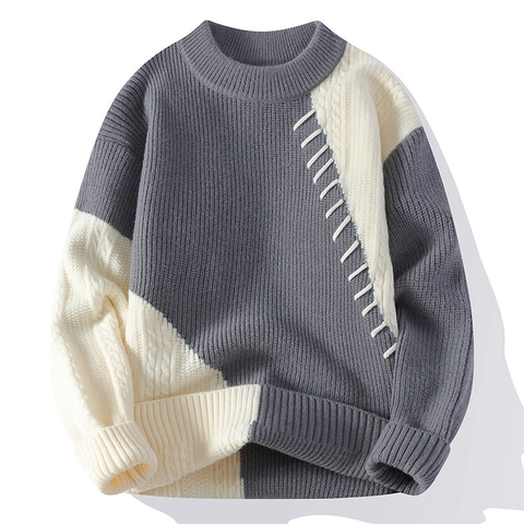 Herren Strickpullover Color Block Rundhalsausschnitt Langarm Locker Lässig Winter Strickware Kontrastnähte