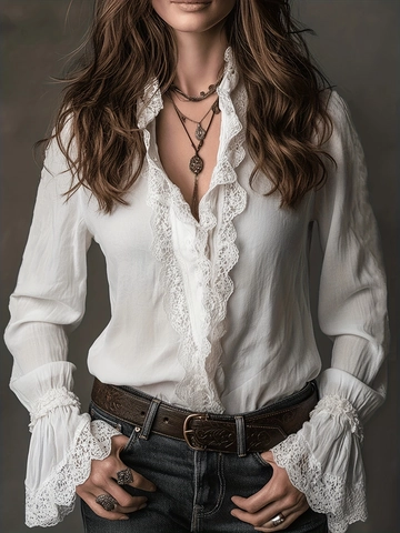 Blouse Femme Dentelle Patchwork Vintage Bohème Col En V Chemise À Manches Longues Boutonnée Haut Streetwear Romantique Blanc