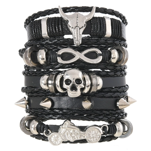 Braccialetti Intrecciati in Pelle Punk da Uomo Vintage Western Testa di Toro Moto Infinito Charms Polsino Multistrato