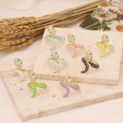 Snake Ring For Women Copper Zircon Colorful Enamel Drip Oil Fashion Adjustable Open Wrap Animal Jewelry INS Style