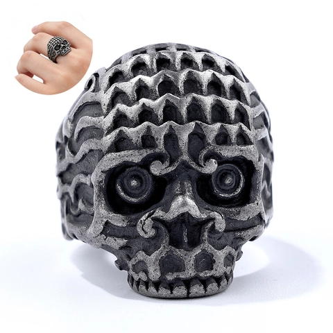Vintage Skull Ring Stainless Steel Gothic Punk Distressed Metal Carved Band For Men Biker Party Jewelry
