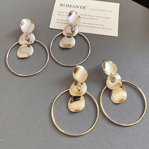 Grote Hoop Oorbellen Met 925 Sterling Zilveren Oorsteker Onregelmatige Metalen Schijfjes Zirkoon Accent Modern Sieraden