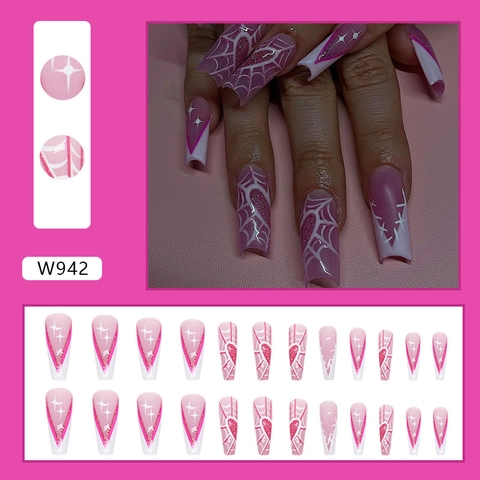 Pink And White Press On Nails Long Ballerina Shape Spider Web Heart Pattern Star Glitter Halloween Gothic Style Fake Nails