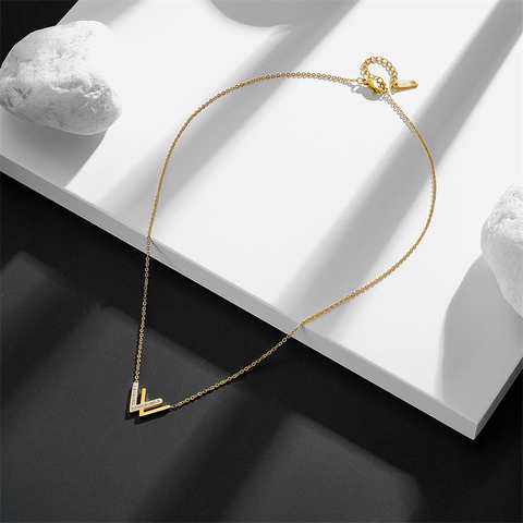 Collana Con Pendente Lettera W Minimalista Acciaio Inossidabile Intarsiato Con Zircone Placcato Oro Doppia Forma A V Gioielli