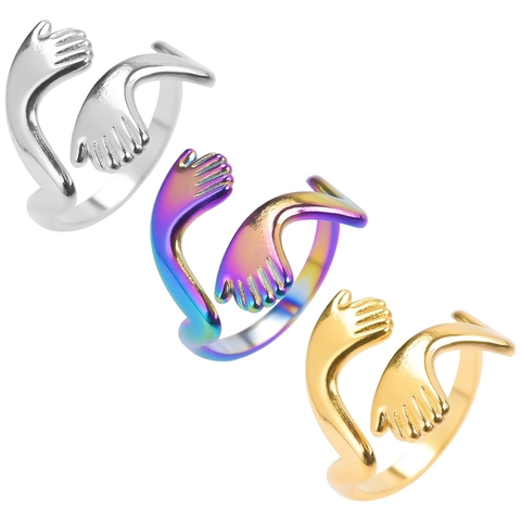 Hugging Hands Offener Ring Edelstahl Verstellbar Retro Schmuck Für Damen Herren Pärchen