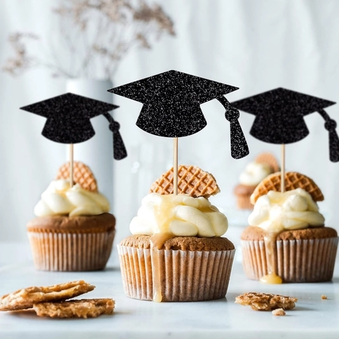 Glitter Graduation Cap Cupcake Toppers Paper Wood Mortarboard Cake Decorations For School Graduation Party Banquet Dessert Supplies