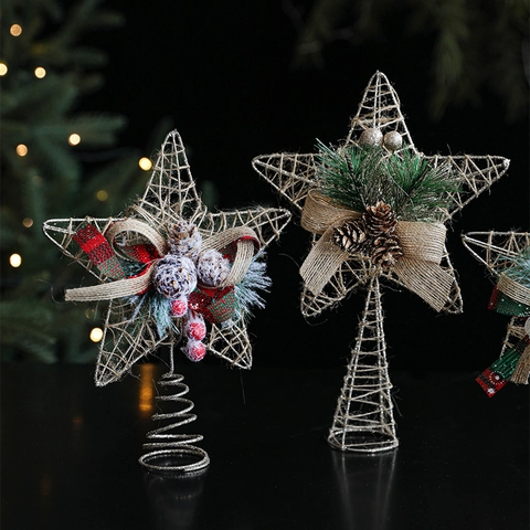Estrella Para Copa De Árbol De Navidad Oro Hierro Metal Con Lazo De Arpillera Piñas Bayas Decoración Festiva De Árbol