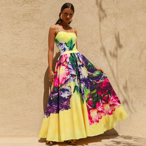 Women One Piece Swimsuit And Maxi Skirt Floral Print Yellow Halter Neck V Neck Beachwear Vacation Bathing Suit