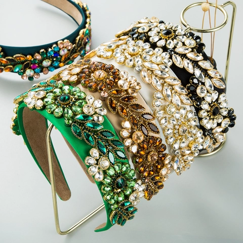 Cerchietto Largo Barocco Strass Cristallo Fiore Foglia Motivo Lusso Velluto Tessuto Accessorio Capelli Donne Festa Moda