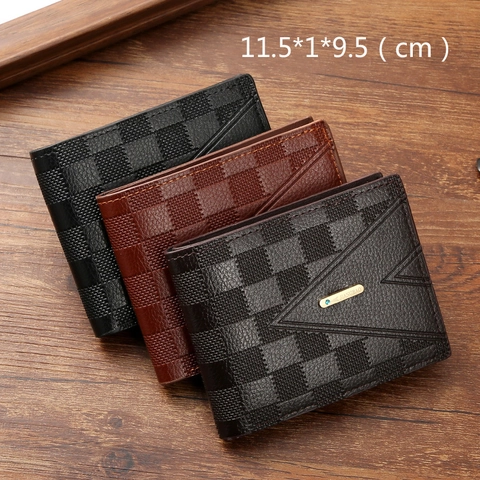 Herren Geldbörse Bifold PVC Leder Karomuster V Naht Metallplakette Blaue Stein Kartenfächer RFID Business