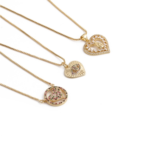 Heart Pendant Necklace Copper With Colorful Zircon Inlay Box Chain Vintage Bohemian Style Jewelry For Women