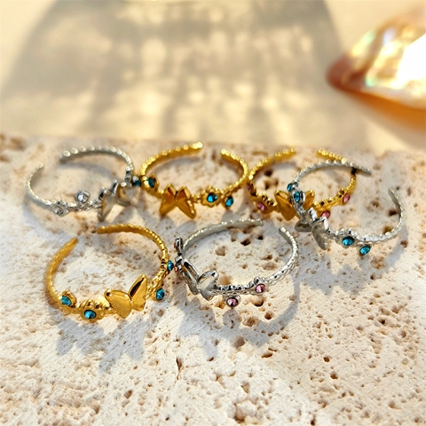 Schmetterling Verstellbarer Offener Ring Edelstahl Französischer Stil Unregelmäßig Zirkon Inlay Eleganter Schmuck