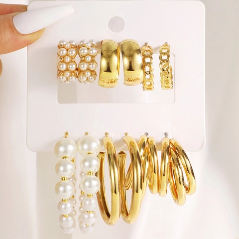 Vintage Oro Aleación Perla Artificial Pendientes de Aro Punk Cadena de Metal Geométricos Pendientes de Botón Mujer Joyería Regalo