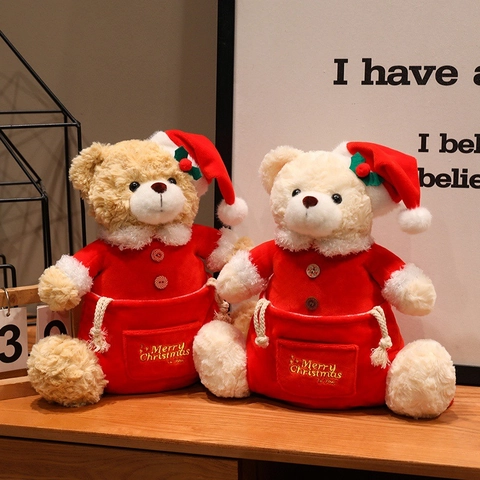 Weihnachts Teddybär Plüschtier Aufbewahrungstasche Weiche Puppe Rotes Weihnachtsmann Outfit Aufhängeseil Deko