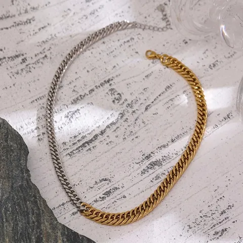 Collana Bracciale a Catena Cubana in Acciaio al Titanio Bicolore per Uomo Donna Gioielli di Moda Hip Hop Urban Accessorio Catena a Giunzione