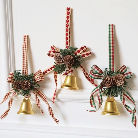 Christmas Hanging Bell Ornament With Natural Pine Cone Artificial Pine Needle Metal Gold Bell And Plaid Ribbon Bow