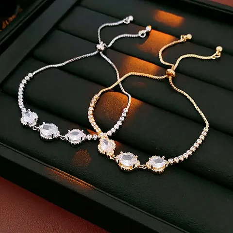 Adjustable Bracelet Copper Zircon Oval Floral Geometric Luxury Minimalist Elegant Hand Jewelry For Women Girls Gift