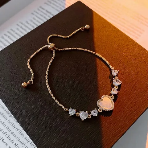 Bracelet Coeur Cuivre Plaqué Or Véritable Nacre Ajustable Slider Zircone Élégant Design Chaîne Maille