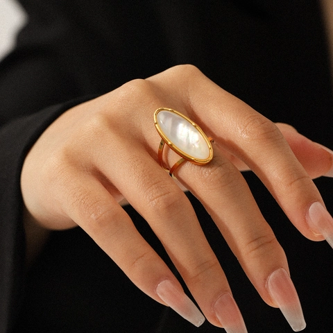 Anillo Abierto Ovalado Vintage De Nácar Acero Inoxidable Chapado En Oro Ajustable Joyería Geométrica Para Mujer