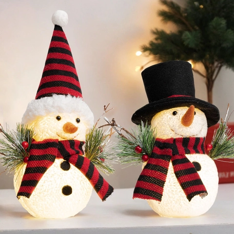 Glühende Weihnachts Schneemann Ornamente LED Licht Dekorative Winter Haus Tischdeko Rot Schwarz Gestreifter Schal Hut