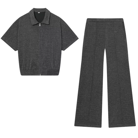 Short Sleeve Zip Up Lapel Top And Wide Leg Pants Ribbed Knit Casual Solid Color Streetwear For Women