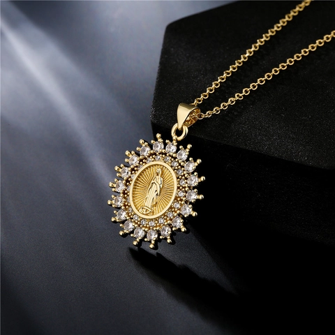 Collier Pendentif Vierge Marie Cuivre Plaqué Or Rayon Soleil Zircone Bijoux Religieux Femmes Style Vintage Icone Foi