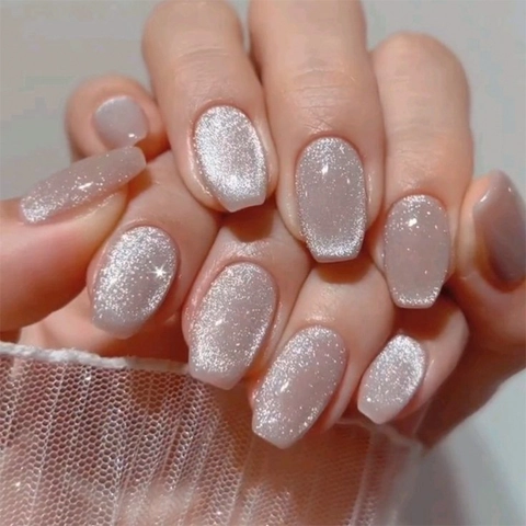 Press On Nägel Katzenauge Schimmer Glitzer Kurz Quadratisch Künstliche Fingernägel Nude Rosa Kunststoff Maniküre Für Frauen