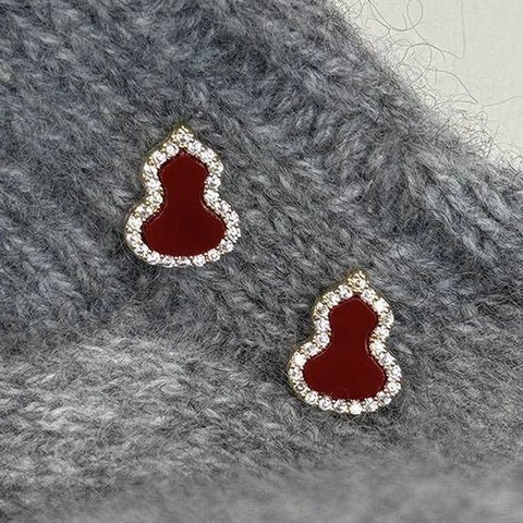 Retro Gourd Stud Earrings Copper Gold Plated With Silver Earring Post Zircon Inlaid Red Jewelry For Women Elegant