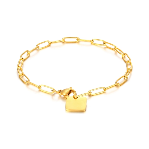 Bracelet En Acier Inoxydable Pour Femmes Avec Pendentif Carré Poli Chaîne Trombone Bijoux De Mode Minimalistes Cadeau