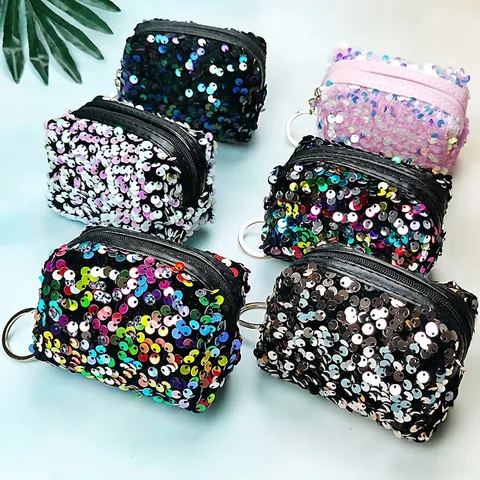 Mini Sequin Coin Purse Portable Zipper Storage Bag For Earphone Lipstick Keychain Ring Shiny Glitter Pouch For Women Girls