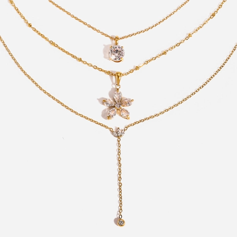 Women Luxury Stainless Steel Zirconia Necklace Gold Plated Floral Pear Shaped Y Pendant Elegant Jewelry Accessory Gift For Her