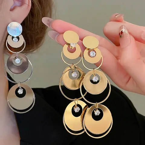 Orecchini Pendenti Geometrici Tondi A Più Strati Con Perno In Argento Sterling 925 E Zircone Intarsiato In Rame Da Donna