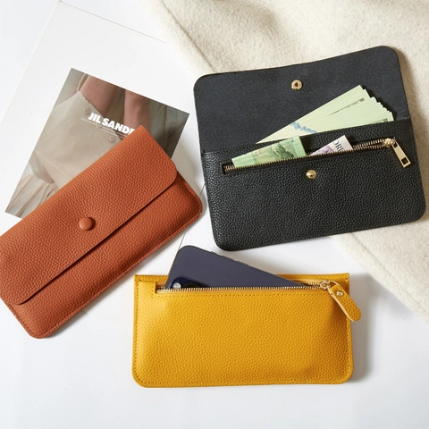 Damen Geldbörse Lang Kopfschicht Rindsleder Lychee Textur Briefumschlag Clutch Dünne Handy Tasche Kartenfächer Druckknopf